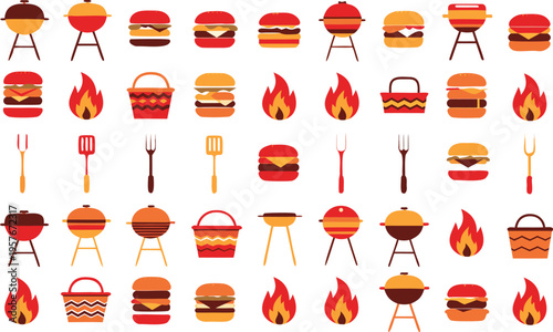Set of colorful barbecue and summer picnic food icons featuring grilled burgers and cooking tools Vector