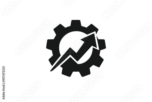 A black minimalist icon featuring a gear with an upward-pointing