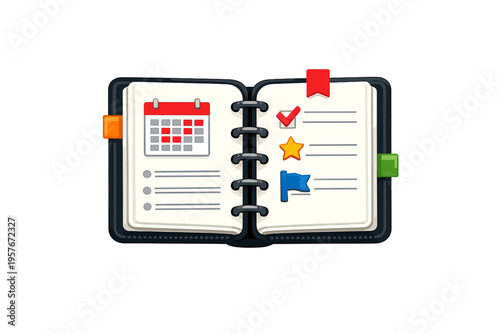 A 3D-style vector illustration of an open ring-bound planner