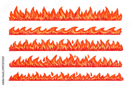 Set of five horizontal fire flame borders featuring a textured