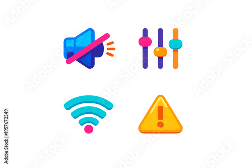 A collection of four colorful 3D-style icons including a mute