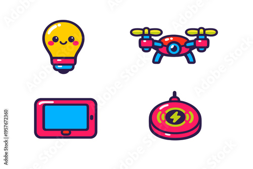 A set of four cute technology icons featuring a kawaii light bulb, a