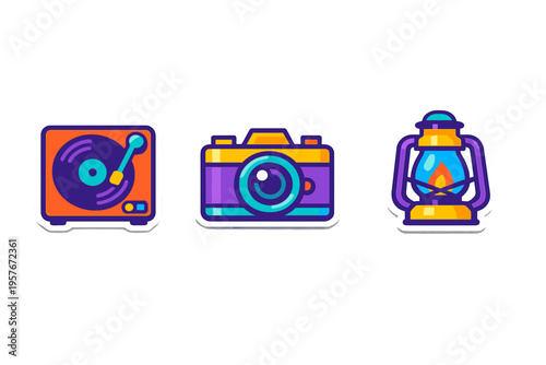 A collection of three retro lifestyle stickers featuring a vintage
