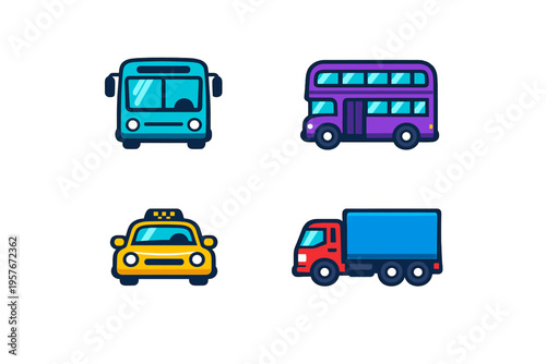 A collection of four stylized transport icons including a cyan bus, a