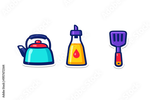A set of three colorful kitchen utensil stickers featuring a teal