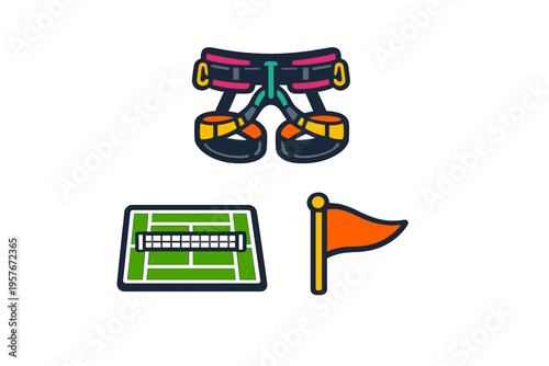 A set of flat vector icons featuring a climbing harness, a green