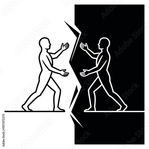 Two figures reaching out across a jagged divide, representing conflict or separation between individuals, black and white minimal graphic
