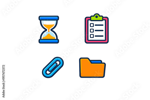 A set of four colorful vector icons featuring an hourglass for time