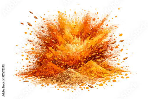 Vibrant explosion of aromatic spice powders and whole seeds in shades
