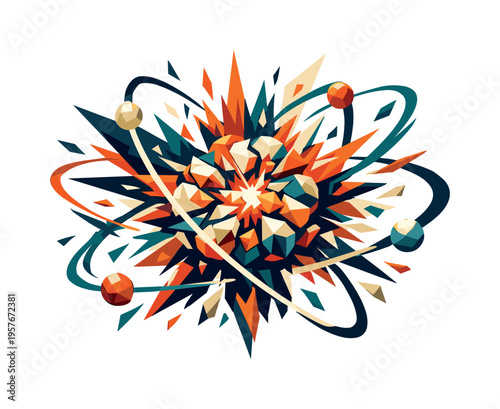 Abstract atomic structure with orbiting particles and sharp geometric shapes