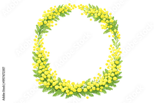 Floral frame featuring vibrant yellow mimosa blossoms and green