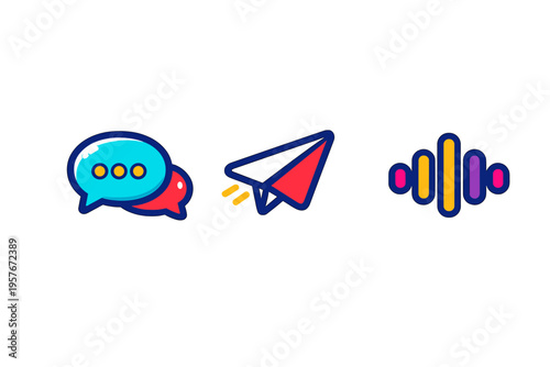 A set of three colorful communication icons featuring speech bubbles
