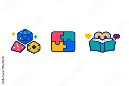 A set of three flat vector icons representing hobbies and games