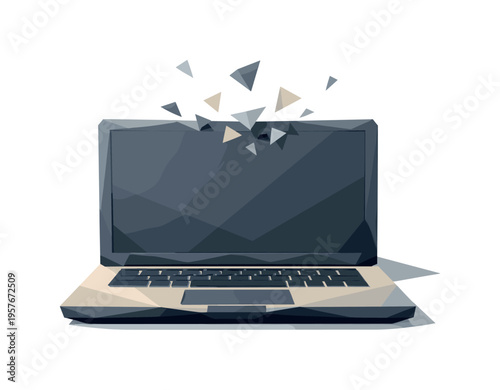Low-poly vector illustration focused on laptop open snap after the opening settles, geometric laptop resting fully open with calm