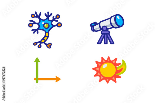 A set of four colorful science and education icons featuring a