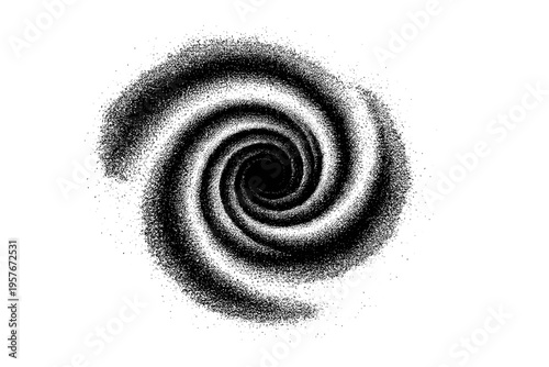 A monochrome vector illustration of a swirling black spiral with a