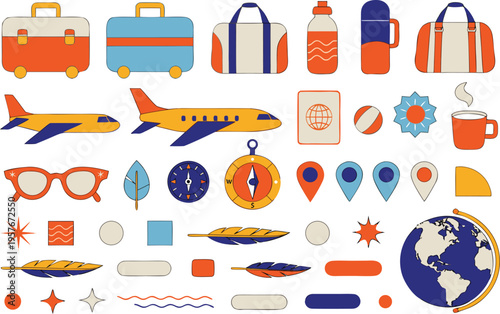 Set of colorful travel themed icons featuring luggage airplanes compasses and globes for vacation Vector