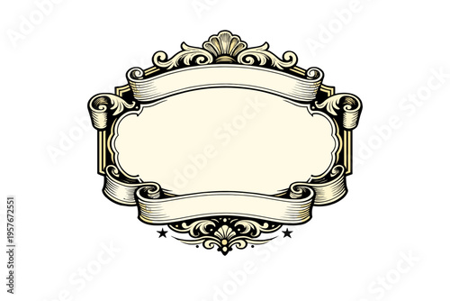 Ornate vintage label featuring elegant scrolls, ribbons, and baroque