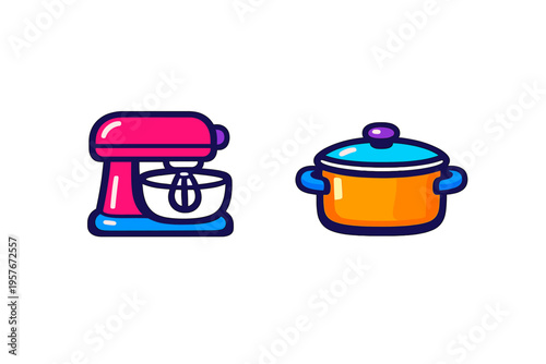 A colorful vector illustration featuring a pink electric stand mixer