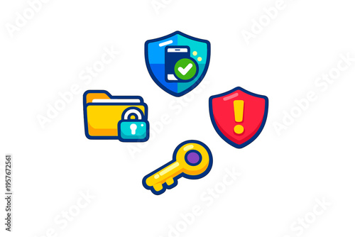 A set of four colorful security icons featuring a mobile phone shield