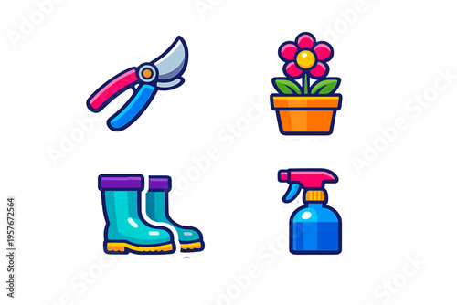 A collection of four gardening stickers featuring pruning shears, a