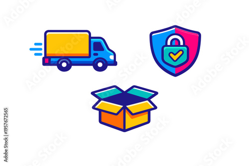 A set of three colorful vector icons representing logistics and