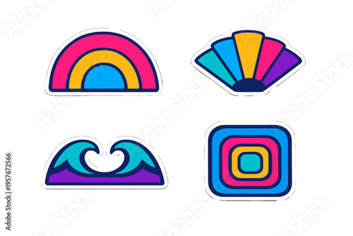 A set of four vibrant, stylized graphic icons featuring a rainbow, a