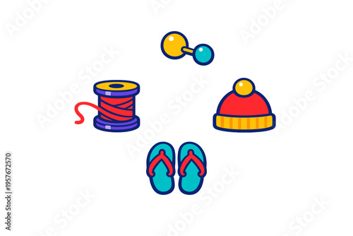 A collection of four flat vector icons featuring a barbell, a spool