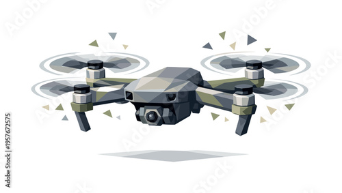 Low-poly vector illustration focused on drone prop spin after stabilizing in hover, geometric drone floating steadily with