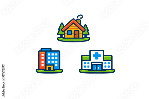 A collection of three flat design vector icons representing different