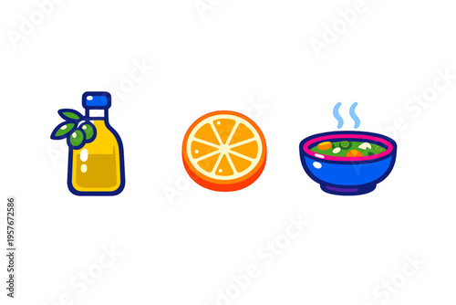 A set of three colorful flat vector icons featuring a bottle of olive