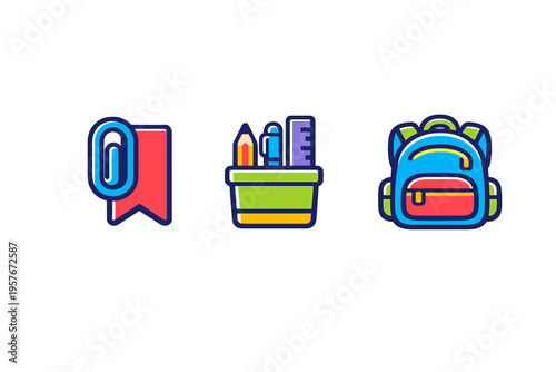 A set of three colorful school supply icons featuring a paperclip on