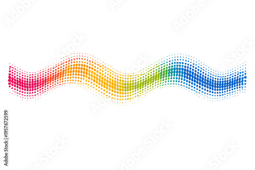 An abstract wavy band composed of a rainbow-colored halftone dot