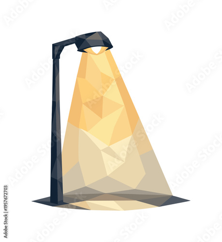Low-poly vector illustration focused on streetlamp glow cone after the light stabilizes, geometric streetlamp glowing steadily