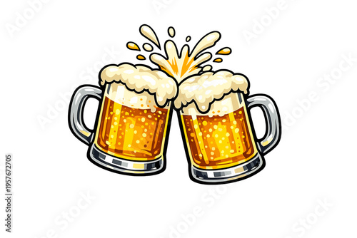 A vibrant vector illustration of two overflowing beer mugs clinking