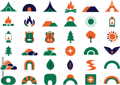 A collection of colorful flat icons representing various outdoor adventure and camping activities Vector