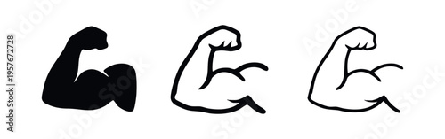 Flexing bicep muscle icons set. Strength and bodybuilding symbols.