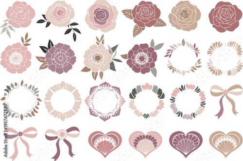 A collection of floral elements featuring roses, decorative wreaths, bows and heart shaped designs Vector