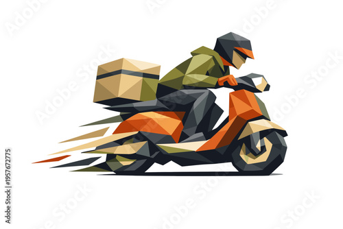 Low-poly vector illustration focused on scooter delivery rush, faceted delivery scooter speeding forward with an angular rider
