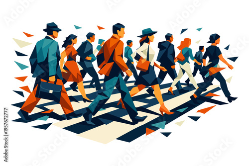 Dynamic Crosswalk Flow. Low-poly vector illustration focused on crosswalk crowd flow during the active crossing movement, faceted