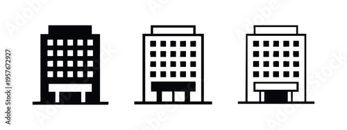 Office building icon set. Corporate skyscraper, business, and city architecture symbols.