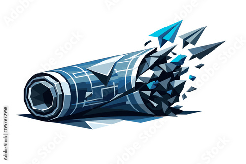 Tense Blueprint Dynamics. Low-poly vector illustration focused on a blueprint roll snap showing the cause/setup moment, partially