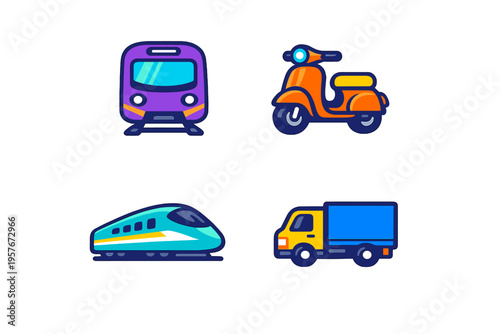 A set of four colorful transportation icons featuring a purple subway