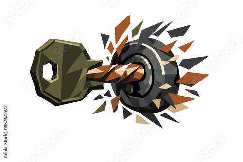 Low-poly vector illustration focused on a house key twist with tension and resistance, angular key partially turned while