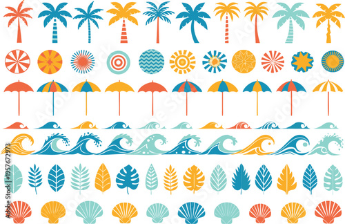 Collection of colorful tropical summer elements featuring palm trees, beach umbrellas and waves Vector