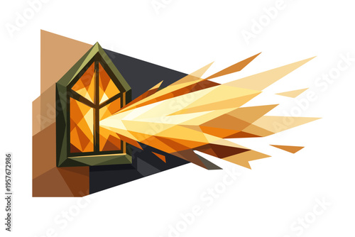Low-poly vector illustration focused on window light beam, geometric house window with sharp triangular frame panels emitting a