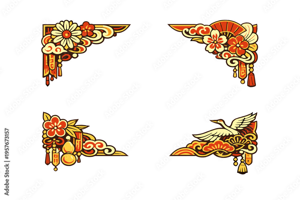 Obraz premium A set of four traditional East Asian corner borders featuring floral