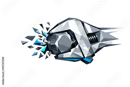Low-poly vector illustration focused on wrench tightening twist showing the cause/setup moment, faceted wrench approaching a