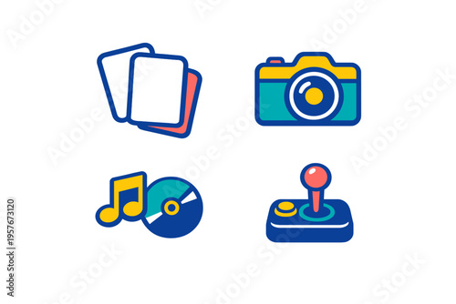 A set of four colorful flat icons representing entertainment and