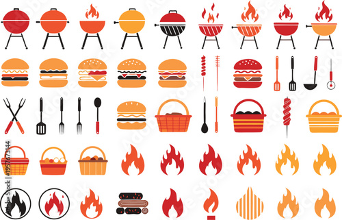 A comprehensive collection of barbecue icons including grills burgers picnic baskets and fire flames Vector